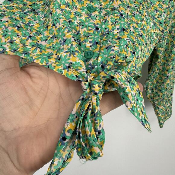 Nuon Tie waist crop Blouse size Small Green Ditzy Flowers Long Sleeve Button up - Picture 7 of 13
